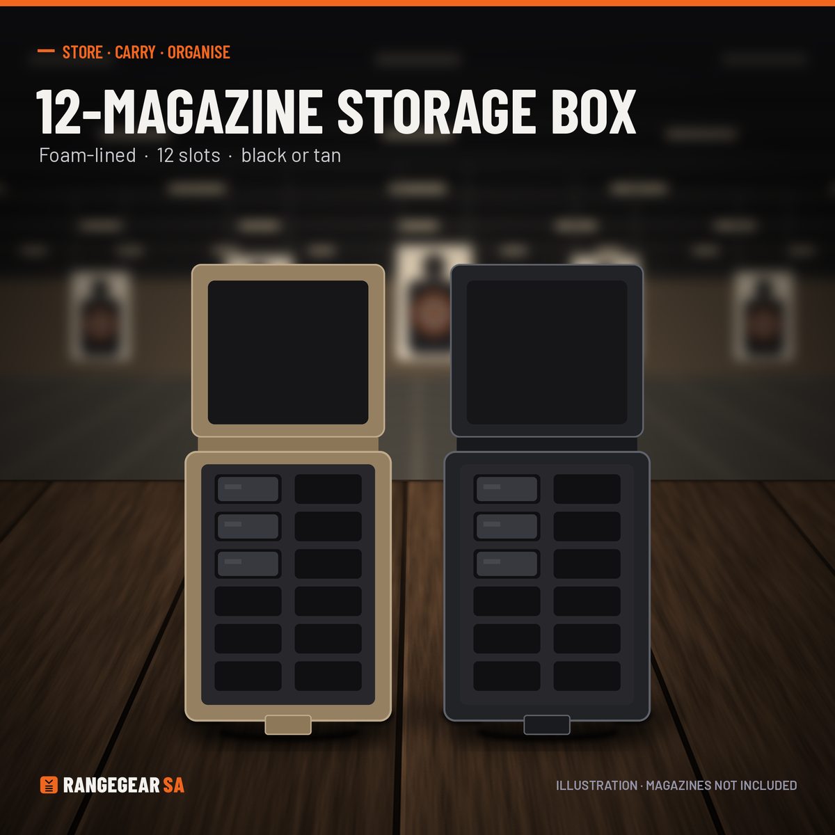 12-Magazine Storage Box – Foam-Lined, Black or Tan